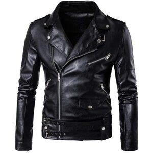 Men Black PU Leather Belted Motorcycle Jacket Zipper Biker Coat